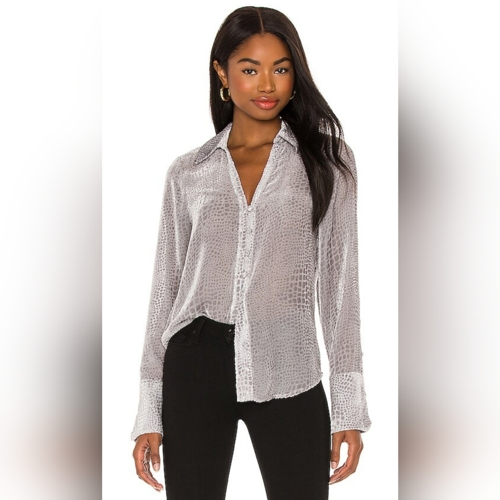 Paige Toscani silk blend gray / silver burnout velvet blouse Sz M